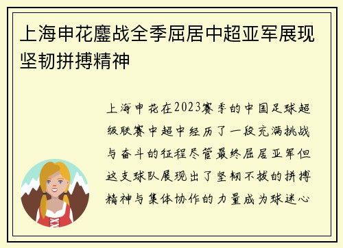 上海申花鏖战全季屈居中超亚军展现坚韧拼搏精神 上海申花鏖战全季屈居中超亚军展现坚韧拼搏精神